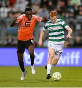 14 August 2025; Rory Gaffney of Shamrock Rovers in action against Sunday Adetunji of Ballkani during the UEFA Conference League Third Qualifying Round second leg match between Shamrock Rovers and Ballkani at Tallaght Stadium in Dublin. Photo by Stephen McCarthy/Sportsfile