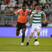 14 August 2025; Sunday Adetunji of Ballkani in action against Rory Gaffney of Shamrock Rovers during the UEFA Conference League Third Qualifying Round second leg match between Shamrock Rovers and Ballkani at Tallaght Stadium in Dublin. Photo by Stephen McCarthy/Sportsfile