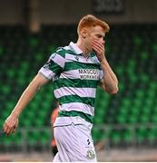 14 August 2025; Rory Gaffney of Shamrock Rovers reacts after he scores his side's first goal which was subsequently disallowed by VAR during the UEFA Conference League Third Qualifying Round second leg match between Shamrock Rovers and Ballkani at Tallaght Stadium in Dublin. Photo by Stephen McCarthy/Sportsfile