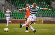 14 August 2025; Rory Gaffney of Shamrock Rovers shoots to score his side's first goal which was subsequently disallowed by VAR during the UEFA Conference League Third Qualifying Round second leg match between Shamrock Rovers and Ballkani at Tallaght Stadium in Dublin. Photo by Stephen McCarthy/Sportsfile