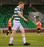 14 August 2025; Rory Gaffney of Shamrock Rovers reacts after he scores his side's first goal which was subsequently disallowed by VAR during the UEFA Conference League Third Qualifying Round second leg match between Shamrock Rovers and Ballkani at Tallaght Stadium in Dublin. Photo by Stephen McCarthy/Sportsfile