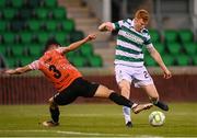 14 August 2025; Rory Gaffney of Shamrock Rovers in action against Arber Potoku of Ballkani during the UEFA Conference League Third Qualifying Round second leg match between Shamrock Rovers and Ballkani at Tallaght Stadium in Dublin. Photo by Stephen McCarthy/Sportsfile