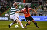 14 August 2025; Rory Gaffney of Shamrock Rovers in action against Arber Potoku of Ballkani during the UEFA Conference League Third Qualifying Round second leg match between Shamrock Rovers and Ballkani at Tallaght Stadium in Dublin. Photo by Ben McShane/Sportsfile
