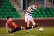 14 August 2025; Rory Gaffney of Shamrock Rovers in action against Arber Potoku of Ballkani during the UEFA Conference League Third Qualifying Round second leg match between Shamrock Rovers and Ballkani at Tallaght Stadium in Dublin. Photo by Stephen McCarthy/Sportsfile