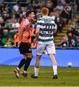 14 August 2025; Arber Potoku of Ballkani taunts Rory Gaffney of Shamrock Rovers after blocking his shot on goal during the UEFA Conference League Third Qualifying Round second leg match between Shamrock Rovers and Ballkani at Tallaght Stadium in Dublin. Photo by Ben McShane/Sportsfile