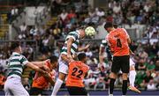 14 August 2025; Daniel Cleary of Shamrock Rovers heads on goal during the UEFA Conference League Third Qualifying Round second leg match between Shamrock Rovers and Ballkani at Tallaght Stadium in Dublin. Photo by Ben McShane/Sportsfile