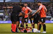 14 August 2025; Arber Potoku of Ballkani receives medical attention during the UEFA Conference League Third Qualifying Round second leg match between Shamrock Rovers and Ballkani at Tallaght Stadium in Dublin. Photo by Ben McShane/Sportsfile