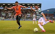 14 August 2025; Josh Honohan of Shamrock Rovers in action against Gentrit Halili of Ballkani during the UEFA Conference League Third Qualifying Round second leg match between Shamrock Rovers and Ballkani at Tallaght Stadium in Dublin. Photo by Stephen McCarthy/Sportsfile
