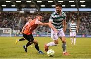 14 August 2025; Josh Honohan of Shamrock Rovers in action against Gentrit Halili of Ballkani during the UEFA Conference League Third Qualifying Round second leg match between Shamrock Rovers and Ballkani at Tallaght Stadium in Dublin. Photo by Stephen McCarthy/Sportsfile
