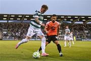 14 August 2025; Danny Grant of Shamrock Rovers in action against Almir Kryeziu of Ballkani during the UEFA Conference League Third Qualifying Round second leg match between Shamrock Rovers and Ballkani at Tallaght Stadium in Dublin. Photo by Ben McShane/Sportsfile