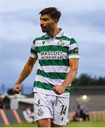 14 August 2025; Danny Mandroiu of Shamrock Rovers celebrates as team-mate Rory Gaffney, not pictured, scores their side's first goal during the UEFA Conference League Third Qualifying Round second leg match between Shamrock Rovers and Ballkani at Tallaght Stadium in Dublin. Photo by Stephen McCarthy/Sportsfile
