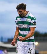 14 August 2025; Danny Mandroiu of Shamrock Rovers celebrates as team-mate Rory Gaffney, not pictured, scores their side's first goal during the UEFA Conference League Third Qualifying Round second leg match between Shamrock Rovers and Ballkani at Tallaght Stadium in Dublin. Photo by Stephen McCarthy/Sportsfile