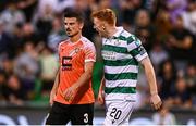 14 August 2025; Rory Gaffney of Shamrock Rovers celebrates in the face of Arber Potoku of Ballkani after scoring his side's first goal during the UEFA Conference League Third Qualifying Round second leg match between Shamrock Rovers and Ballkani at Tallaght Stadium in Dublin. Photo by Ben McShane/Sportsfile