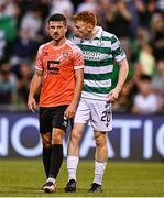 14 August 2025; Rory Gaffney of Shamrock Rovers celebrates in the face of Arber Potoku of Ballkani after scoring his side's first goal during the UEFA Conference League Third Qualifying Round second leg match between Shamrock Rovers and Ballkani at Tallaght Stadium in Dublin. Photo by Ben McShane/Sportsfile
