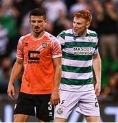 14 August 2025; Rory Gaffney of Shamrock Rovers celebrates in the face of Arber Potoku of Ballkani after scoring his side's first goal during the UEFA Conference League Third Qualifying Round second leg match between Shamrock Rovers and Ballkani at Tallaght Stadium in Dublin. Photo by Ben McShane/Sportsfile