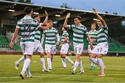 14 August 2025; Shamrock Rovers players, from left, Danny Mandroiu, Dylan Watts, Matt Healy and Lee Grace celebrate as team-mate Rory Gaffney, not pictured, scores their side's first goal during the UEFA Conference League Third Qualifying Round second leg match between Shamrock Rovers and Ballkani at Tallaght Stadium in Dublin. Photo by Stephen McCarthy/Sportsfile