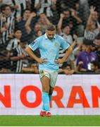 14 August 2025; Ryan McLaughlin of St Patrick's Athletic reacts after his side conceded their third goal during the UEFA Conference League Third Qualifying Round second leg match between Besiktas and St Patrick's Athletic at Besiktas Stadium in Istanbul, Türkiye. Photo by Emre Oktay/Sportsfile