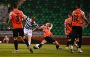 14 August 2025; Rory Gaffney of Shamrock Rovers shoots to score his side's second goal despite the efforts of Gentrit Halili of Ballkani during the UEFA Conference League Third Qualifying Round second leg match between Shamrock Rovers and Ballkani at Tallaght Stadium in Dublin. Photo by Ben McShane/Sportsfile