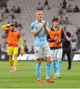 14 August 2025; Tom Grivosti of St Patrick's Athletic and his teammates applaud their supporters after the UEFA Conference League Third Qualifying Round second leg match between Besiktas and St Patrick's Athletic at Besiktas Stadium in Istanbul, Türkiye. Photo by Emre Oktay/Sportsfile