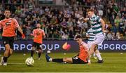 14 August 2025; Rory Gaffney of Shamrock Rovers shoots to score his side's second goal despite the efforts of Gentrit Halili of Ballkani during the UEFA Conference League Third Qualifying Round second leg match between Shamrock Rovers and Ballkani at Tallaght Stadium in Dublin. Photo by Stephen McCarthy/Sportsfile