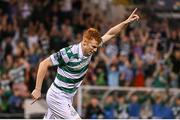 14 August 2025; Rory Gaffney of Shamrock Rovers celebrates after scoring his side's second goal during the UEFA Conference League Third Qualifying Round second leg match between Shamrock Rovers and Ballkani at Tallaght Stadium in Dublin. Photo by Stephen McCarthy/Sportsfile