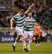 14 August 2025; Rory Gaffney of Shamrock Rovers celebrates after scoring his side's second goal during the UEFA Conference League Third Qualifying Round second leg match between Shamrock Rovers and Ballkani at Tallaght Stadium in Dublin. Photo by Stephen McCarthy/Sportsfile