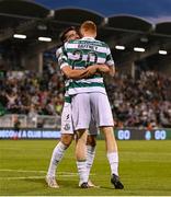 14 August 2025; Rory Gaffney of Shamrock Rovers, right, celebrates with team-mate Danny Mandroiu after scoring their side's second goal during the UEFA Conference League Third Qualifying Round second leg match between Shamrock Rovers and Ballkani at Tallaght Stadium in Dublin. Photo by Stephen McCarthy/Sportsfile
