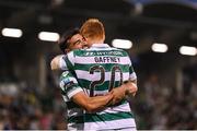 14 August 2025; Rory Gaffney of Shamrock Rovers, right, celebrates with team-mate Danny Mandroiu after scoring their side's second goal during the UEFA Conference League Third Qualifying Round second leg match between Shamrock Rovers and Ballkani at Tallaght Stadium in Dublin. Photo by Stephen McCarthy/Sportsfile