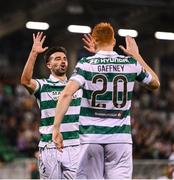 14 August 2025; Rory Gaffney of Shamrock Rovers, right, celebrates with team-mate Danny Mandroiu after scoring their side's second goal during the UEFA Conference League Third Qualifying Round second leg match between Shamrock Rovers and Ballkani at Tallaght Stadium in Dublin. Photo by Stephen McCarthy/Sportsfile