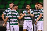 14 August 2025; Rory Gaffney of Shamrock Rovers, celebrates with team-mates, from left, Josh Honohan, Dylan Watts, Roberto Lopes and Matt Healy after scoring their side's second goal during the UEFA Conference League Third Qualifying Round second leg match between Shamrock Rovers and Ballkani at Tallaght Stadium in Dublin. Photo by Ben McShane/Sportsfile