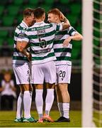 14 August 2025; Rory Gaffney of Shamrock Rovers, right, celebrates with team-mates Daniel Cleary, left, and Lee Grace after scoring their side's second goal during the UEFA Conference League Third Qualifying Round second leg match between Shamrock Rovers and Ballkani at Tallaght Stadium in Dublin. Photo by Ben McShane/Sportsfile