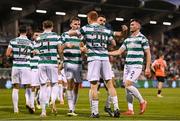 14 August 2025; Rory Gaffney of Shamrock Rovers, 20, celebrates with team-mates after scoring their side's second goal during the UEFA Conference League Third Qualifying Round second leg match between Shamrock Rovers and Ballkani at Tallaght Stadium in Dublin. Photo by Stephen McCarthy/Sportsfile