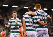 14 August 2025; Danny Grant of Shamrock Rovers, left, congratulates team-mate Rory Gaffney, right, after he scores their side's second goal during the UEFA Conference League Third Qualifying Round second leg match between Shamrock Rovers and Ballkani at Tallaght Stadium in Dublin. Photo by Stephen McCarthy/Sportsfile