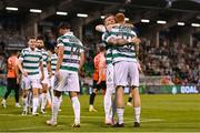 14 August 2025; Danny Grant of Shamrock Rovers, left, congratulates team-mate Rory Gaffney, right, after he scores their side's second goal during the UEFA Conference League Third Qualifying Round second leg match between Shamrock Rovers and Ballkani at Tallaght Stadium in Dublin. Photo by Stephen McCarthy/Sportsfile
