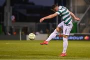 14 August 2025; Josh Honohan of Shamrock Rovers shoots to score his side's third goal during the UEFA Conference League Third Qualifying Round second leg match between Shamrock Rovers and Ballkani at Tallaght Stadium in Dublin. Photo by Stephen McCarthy/Sportsfile
