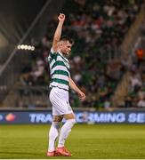 14 August 2025; Josh Honohan of Shamrock Rovers celebrates after scoring his side's third goal during the UEFA Conference League Third Qualifying Round second leg match between Shamrock Rovers and Ballkani at Tallaght Stadium in Dublin. Photo by Stephen McCarthy/Sportsfile