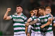14 August 2025; Josh Honohan of Shamrock Rovers, left, celebrates with team-mates after scoring their side's third goal during the UEFA Conference League Third Qualifying Round second leg match between Shamrock Rovers and Ballkani at Tallaght Stadium in Dublin. Photo by Stephen McCarthy/Sportsfile