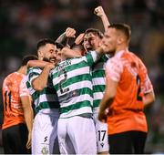 14 August 2025; Josh Honohan of Shamrock Rovers, 2, celebrates with team-mates after scoring their side's third goal during the UEFA Conference League Third Qualifying Round second leg match between Shamrock Rovers and Ballkani at Tallaght Stadium in Dublin. Photo by Stephen McCarthy/Sportsfile