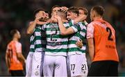 14 August 2025; Josh Honohan of Shamrock Rovers, left, celebrates with team-mates after scoring their side's third goal during the UEFA Conference League Third Qualifying Round second leg match between Shamrock Rovers and Ballkani at Tallaght Stadium in Dublin. Photo by Stephen McCarthy/Sportsfile
