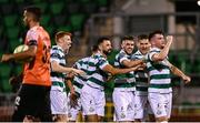 14 August 2025; Josh Honohan of Shamrock Rovers, right, celebrates with team-mates after scoring their side's third goal during the UEFA Conference League Third Qualifying Round second leg match between Shamrock Rovers and Ballkani at Tallaght Stadium in Dublin. Photo by Ben McShane/Sportsfile