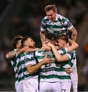 14 August 2025; Josh Honohan of Shamrock Rovers, left, celebrates with team-mates after scoring their side's third goal during the UEFA Conference League Third Qualifying Round second leg match between Shamrock Rovers and Ballkani at Tallaght Stadium in Dublin. Photo by Stephen McCarthy/Sportsfile