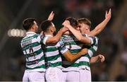 14 August 2025; Josh Honohan of Shamrock Rovers, second from right, celebrates with team-mates after scoring their side's third goal during the UEFA Conference League Third Qualifying Round second leg match between Shamrock Rovers and Ballkani at Tallaght Stadium in Dublin. Photo by Stephen McCarthy/Sportsfile