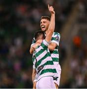 14 August 2025; Josh Honohan of Shamrock Rovers, left, celebrates with team-mate Dylan Watts after scoring their side's third goal during the UEFA Conference League Third Qualifying Round second leg match between Shamrock Rovers and Ballkani at Tallaght Stadium in Dublin. Photo by Stephen McCarthy/Sportsfile
