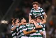 14 August 2025; Josh Honohan of Shamrock Rovers, 2, celebrates with team-mates after scoring their side's third goal during the UEFA Conference League Third Qualifying Round second leg match between Shamrock Rovers and Ballkani at Tallaght Stadium in Dublin. Photo by Stephen McCarthy/Sportsfile