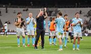 14 August 2025; St Patrick's Athletic manager Stephen Kenny and his players applaud their supporters after the UEFA Conference League Third Qualifying Round second leg match between Besiktas and St Patrick's Athletic at Besiktas Stadium in Istanbul, Türkiye. Photo by Emre Oktay/Sportsfile
