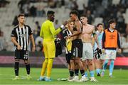 14 August 2025; St Patrick's Athletic goalkeeper Joseph Anang, left, swaps jerseys with Felix Uduokhai of Besiktas after the UEFA Conference League Third Qualifying Round second leg match between Besiktas and St Patrick's Athletic at Besiktas Stadium in Istanbul, Türkiye. Photo by Emre Oktay/Sportsfile