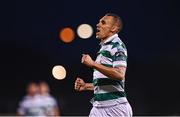 14 August 2025; Graham Burke of Shamrock Rovers celebrates after scoring his side's fourth goal during the UEFA Conference League Third Qualifying Round second leg match between Shamrock Rovers and Ballkani at Tallaght Stadium in Dublin. Photo by Ben McShane/Sportsfile