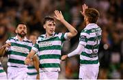 14 August 2025; Matt Healy of Shamrock Rovers, left, and team-mate Connor Malley celebrate as Graham Burke, not pictured, scores their side's fourth goal during the UEFA Conference League Third Qualifying Round second leg match between Shamrock Rovers and Ballkani at Tallaght Stadium in Dublin. Photo by Stephen McCarthy/Sportsfile