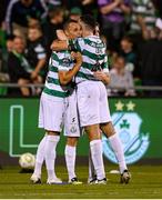14 August 2025; Graham Burke of Shamrock Rovers, left, celebrates with team-mate Roberto Lopes after scoring their side's fourth goal during the UEFA Conference League Third Qualifying Round second leg match between Shamrock Rovers and Ballkani at Tallaght Stadium in Dublin. Photo by Stephen McCarthy/Sportsfile