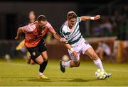 14 August 2025; John McGovern of Shamrock Rovers in action against Geralb Smajli of Ballkani during the UEFA Conference League Third Qualifying Round second leg match between Shamrock Rovers and Ballkani at Tallaght Stadium in Dublin. Photo by Stephen McCarthy/Sportsfile